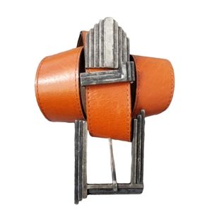 Vintage Pewter Brutalist Buckle Orange Leather Statement Belt Small